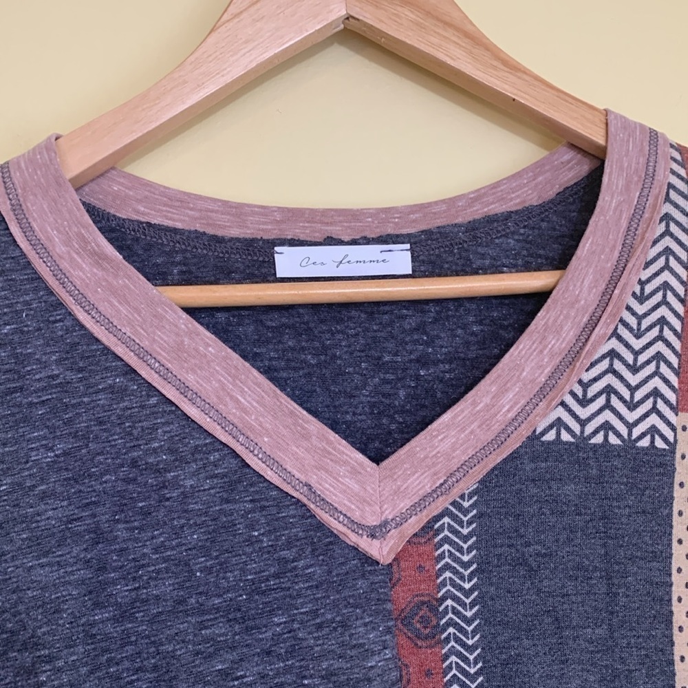 Ces Femme | NIP Charcoal Multi Color Block V-Neck Long Sleeve Top M - Picture 4 of 7